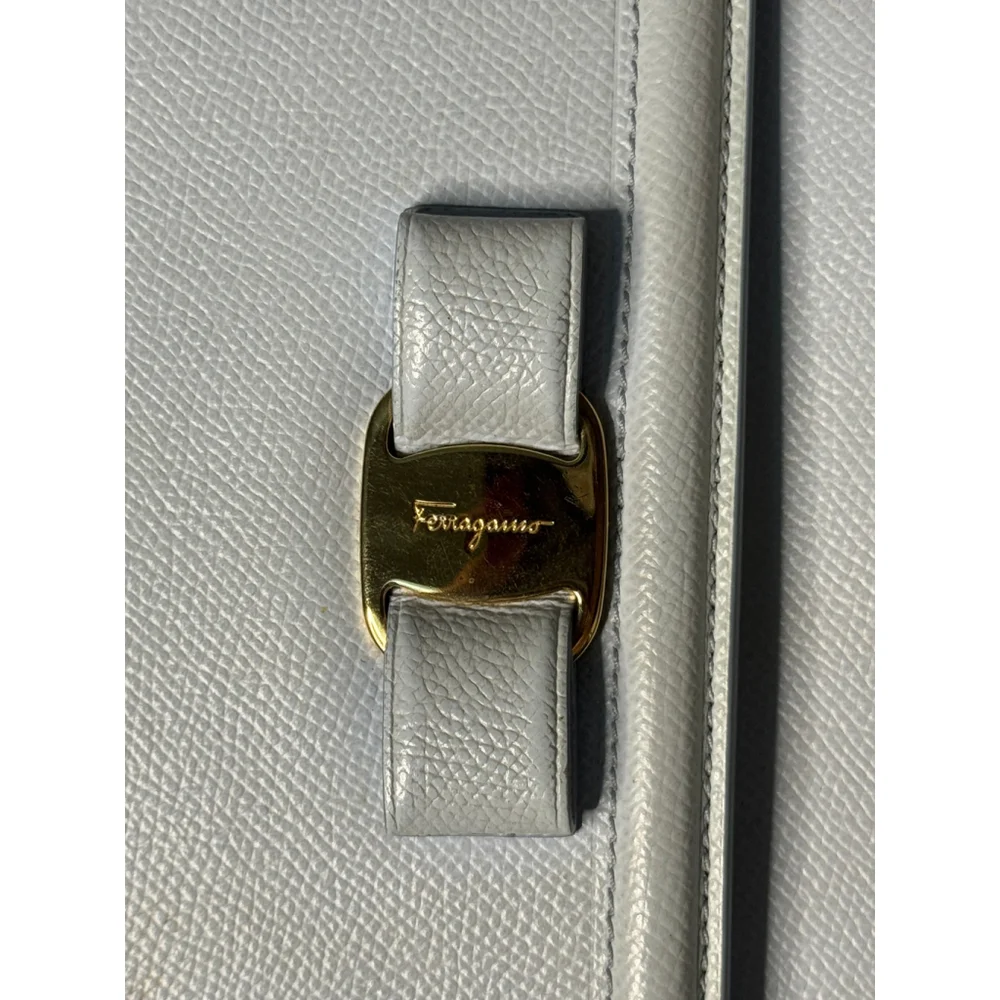 Salvatore Ferragamo Ginny Vara Bow Embossed Pale Blue Pebble Calfskin Flap Bag - Picture 13 of 15